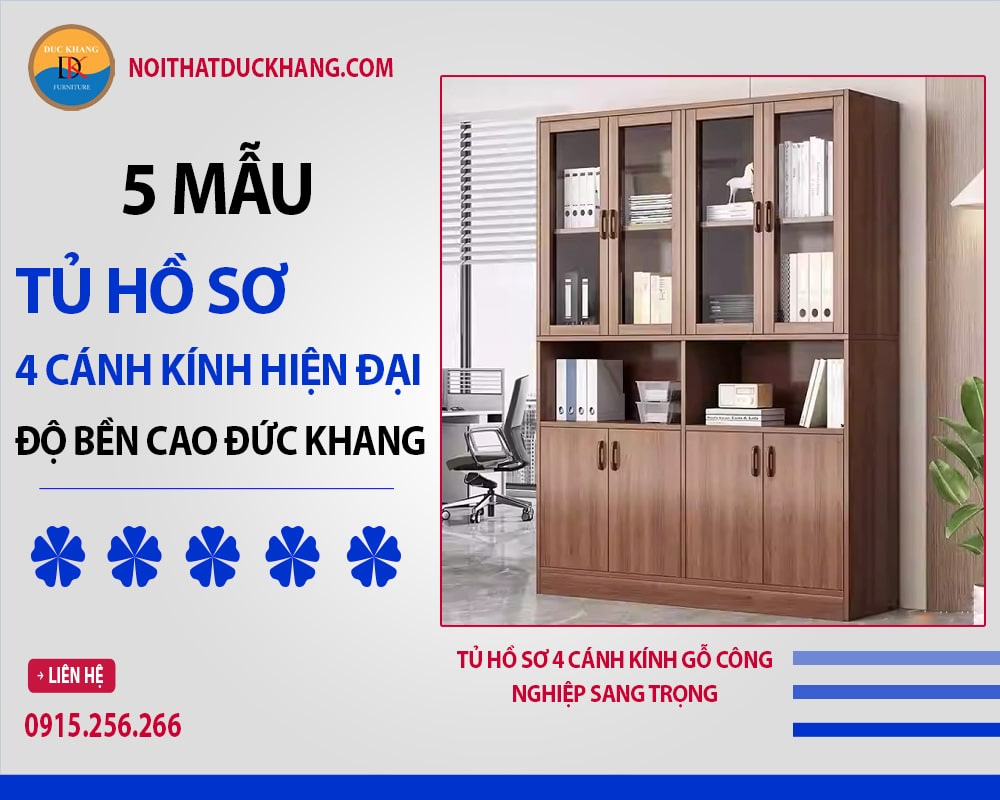 Tủ hồ sơ 4 cánh kính gỗ công nghiệp sang trọng