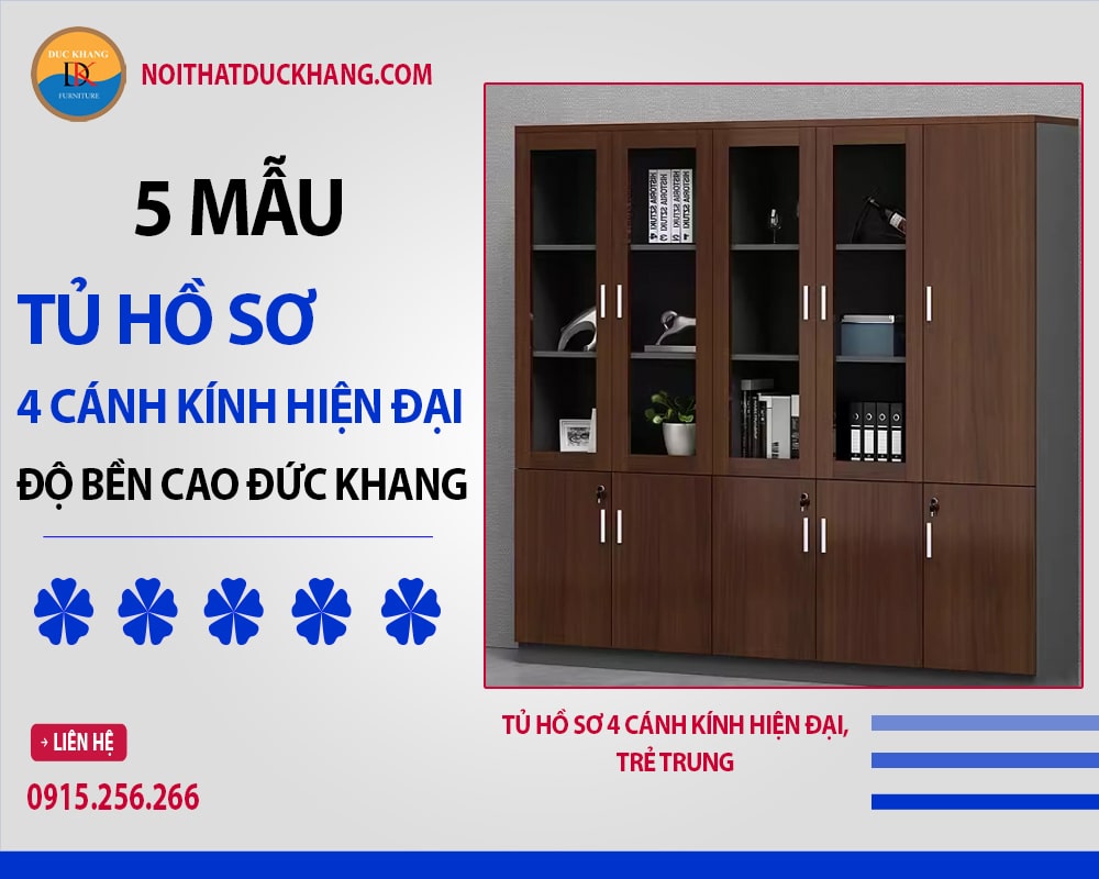 Tủ hồ sơ 4 cánh kính hiện đại, trẻ trung