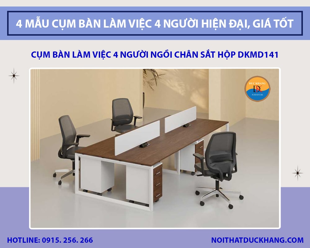 Cụm bàn làm việc 4 người ngồi chân sắt hộp DKMD141