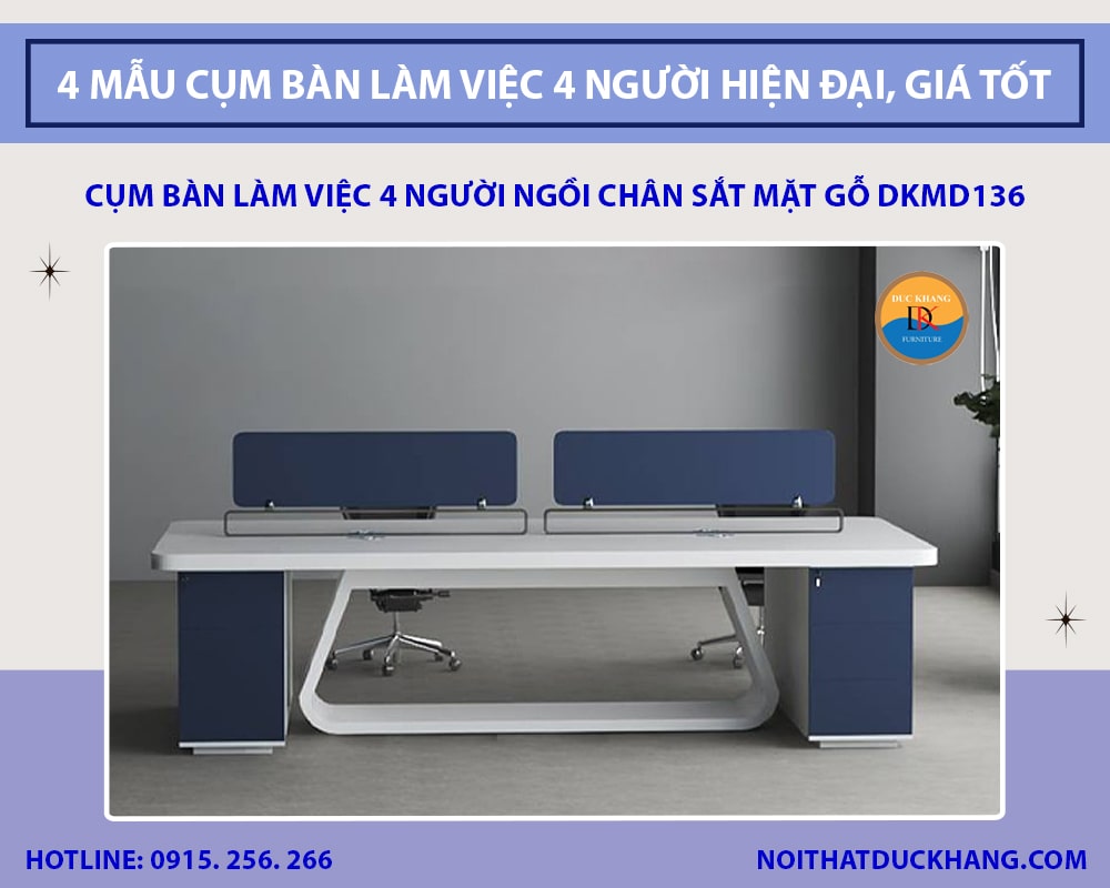 Cụm bàn làm việc 4 người ngồi chân sắt mặt gỗ DKMD136