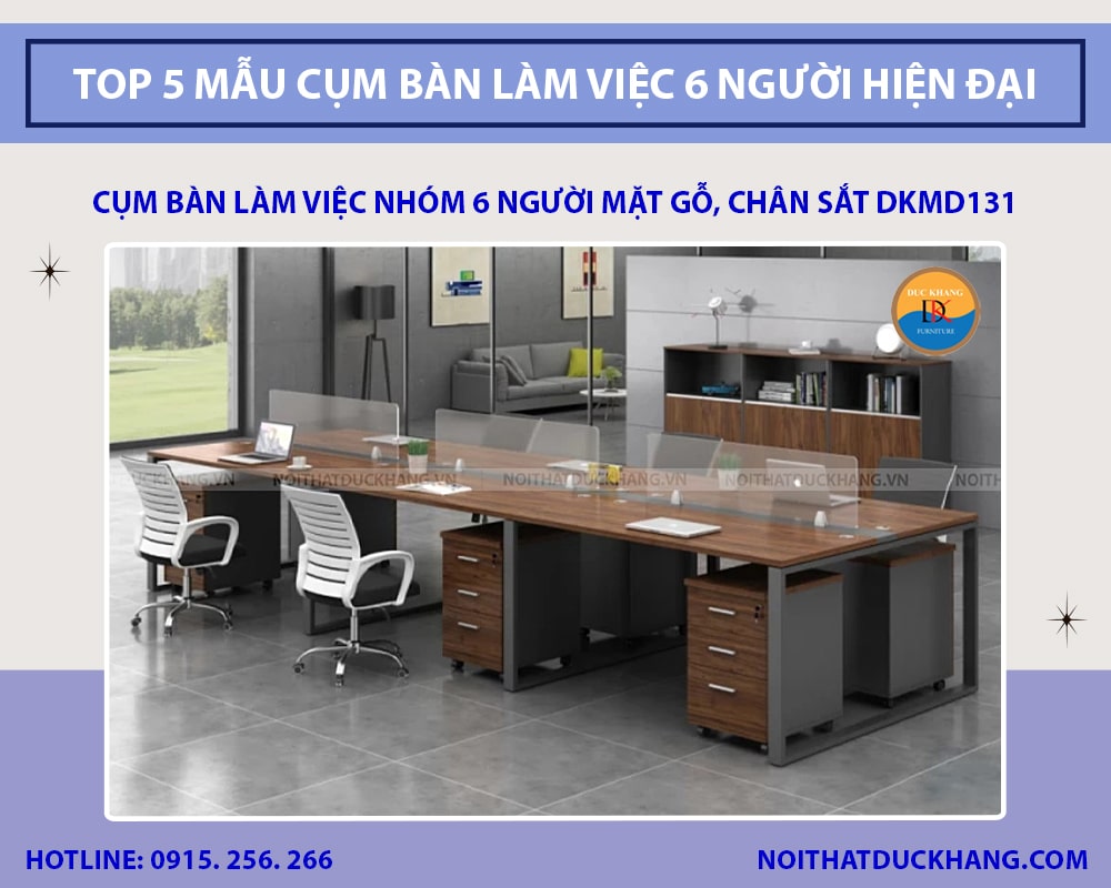 Cụm bàn làm việc nhóm 6 người mặt gỗ, chân sắt DKMD131