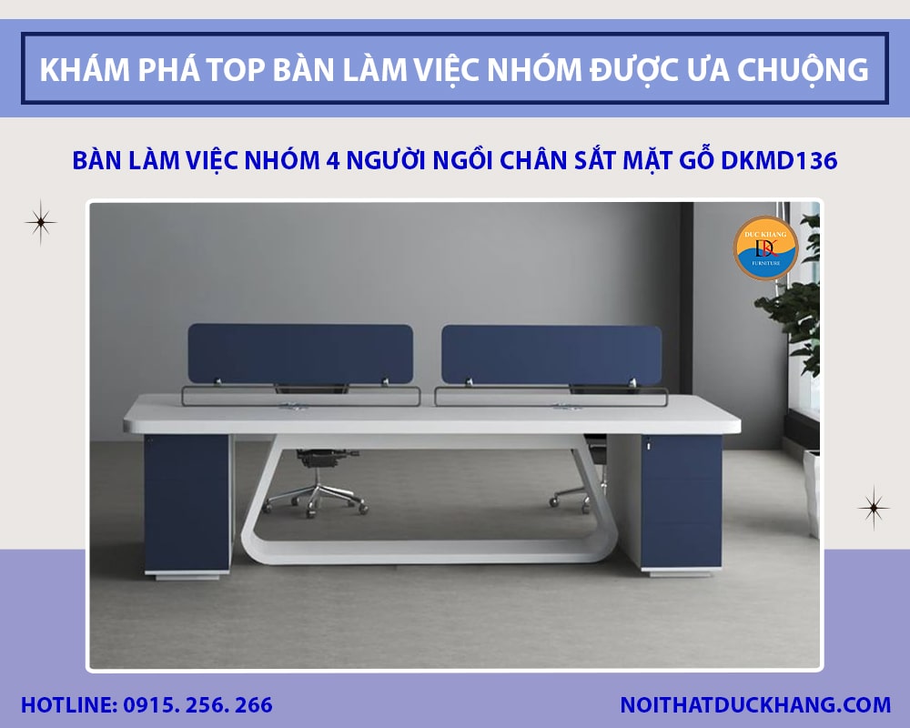Bàn làm việc nhóm 4 người ngồi chân sắt mặt gỗ DKMD136 Bàn làm việc nhóm 4 người ngồi chân sắt mặt gỗ DKMD136