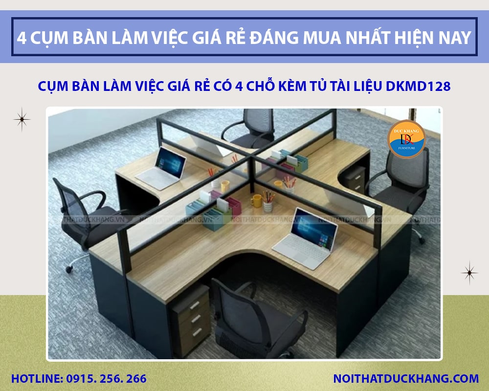 Cụm bàn làm việc giá rẻ có 4 chỗ kèm tủ tài liệu DKMD128