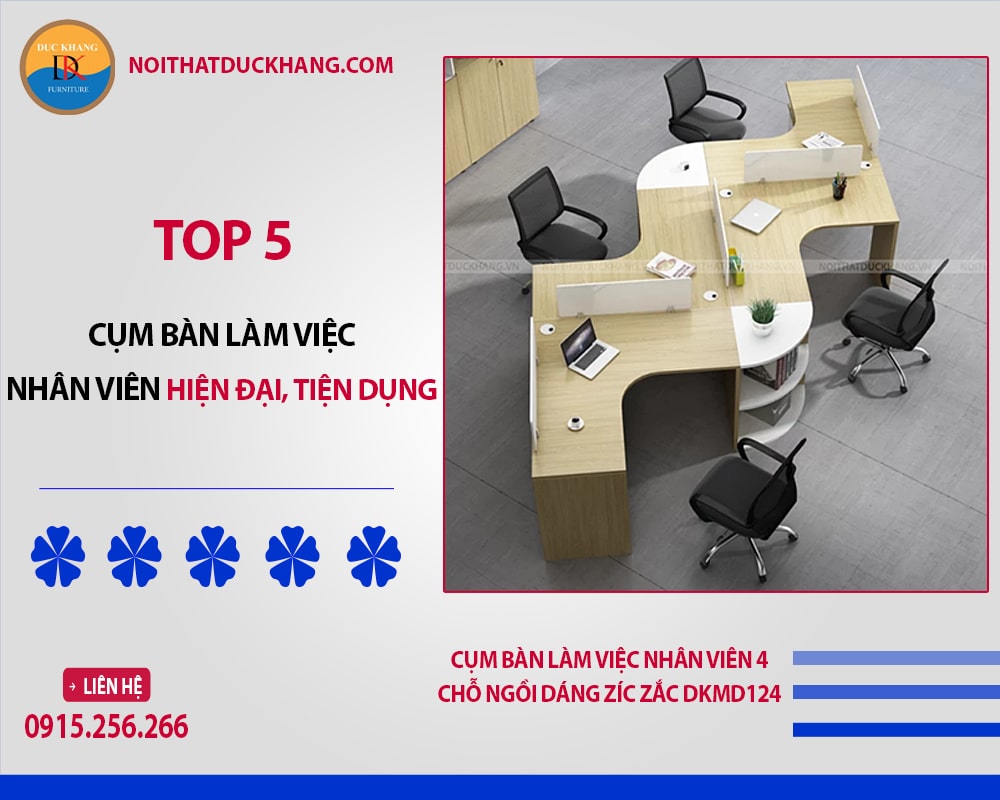 Cụm bàn làm việc nhân viên 4 chỗ ngồi dáng zíc zắc DKMD124