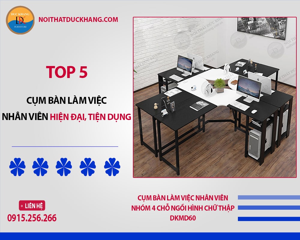 Cụm bàn làm việc nhân viên nhóm 4 chỗ ngồi hình chữ thập DKMD60