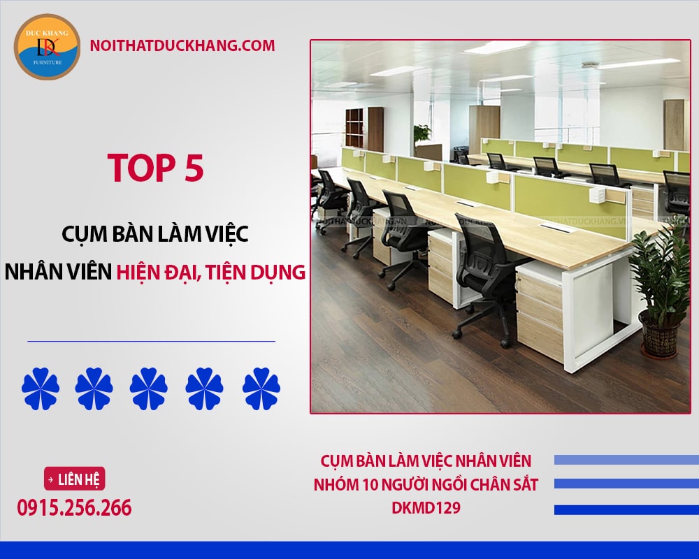 Cụm bàn làm việc nhân viên nhóm 10 người ngồi chân sắt DKMD129