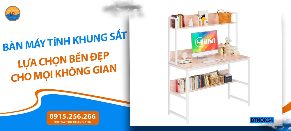 Bàn máy tính khung sắt có kệ sách gắn liền Bàn máy tính khung sắt có kệ sách gắn liền