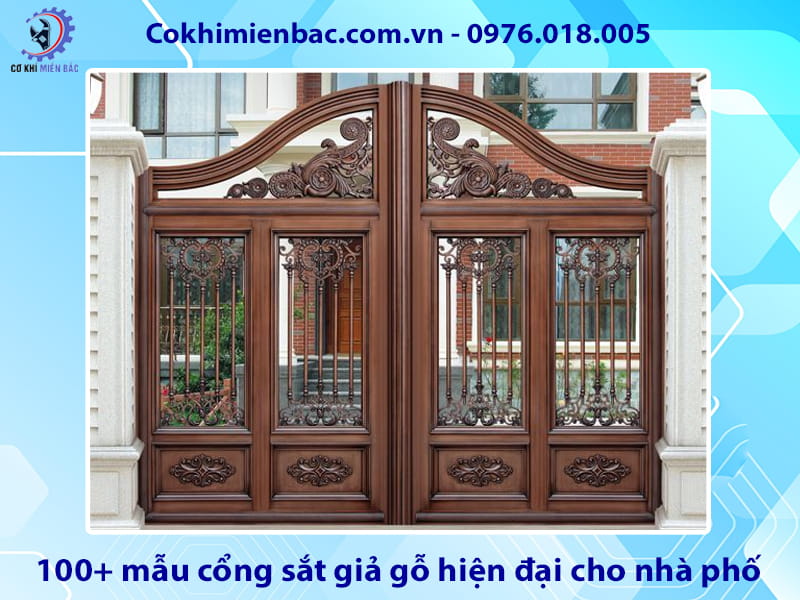 100+ mẫu cổng sắt giả gỗ hiện đại cho nhà phố năm 2026