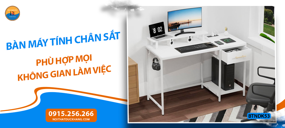 Bàn máy tính chân sắt mặt gỗ, chân sắt sơn tĩnh điện kèm ngăn kéo BTNDK53 Bàn máy tính chân sắt mặt gỗ, chân sắt sơn tĩnh điện kèm ngăn kéo BTNDK53