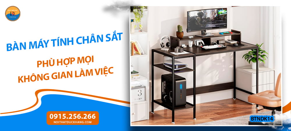 Bàn máy tính chân sắt hình chữ nhật, 2 kệ mở kèm chân đế máy tính – BTNDK14 Bàn máy tính chân sắt hình chữ nhật, 2 kệ mở kèm chân đế máy tính – BTNDK14