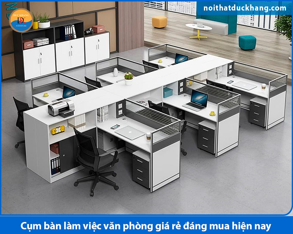 Cụm bàn làm việc văn phòng giá rẻ có hộc tủ, kệ để đồ